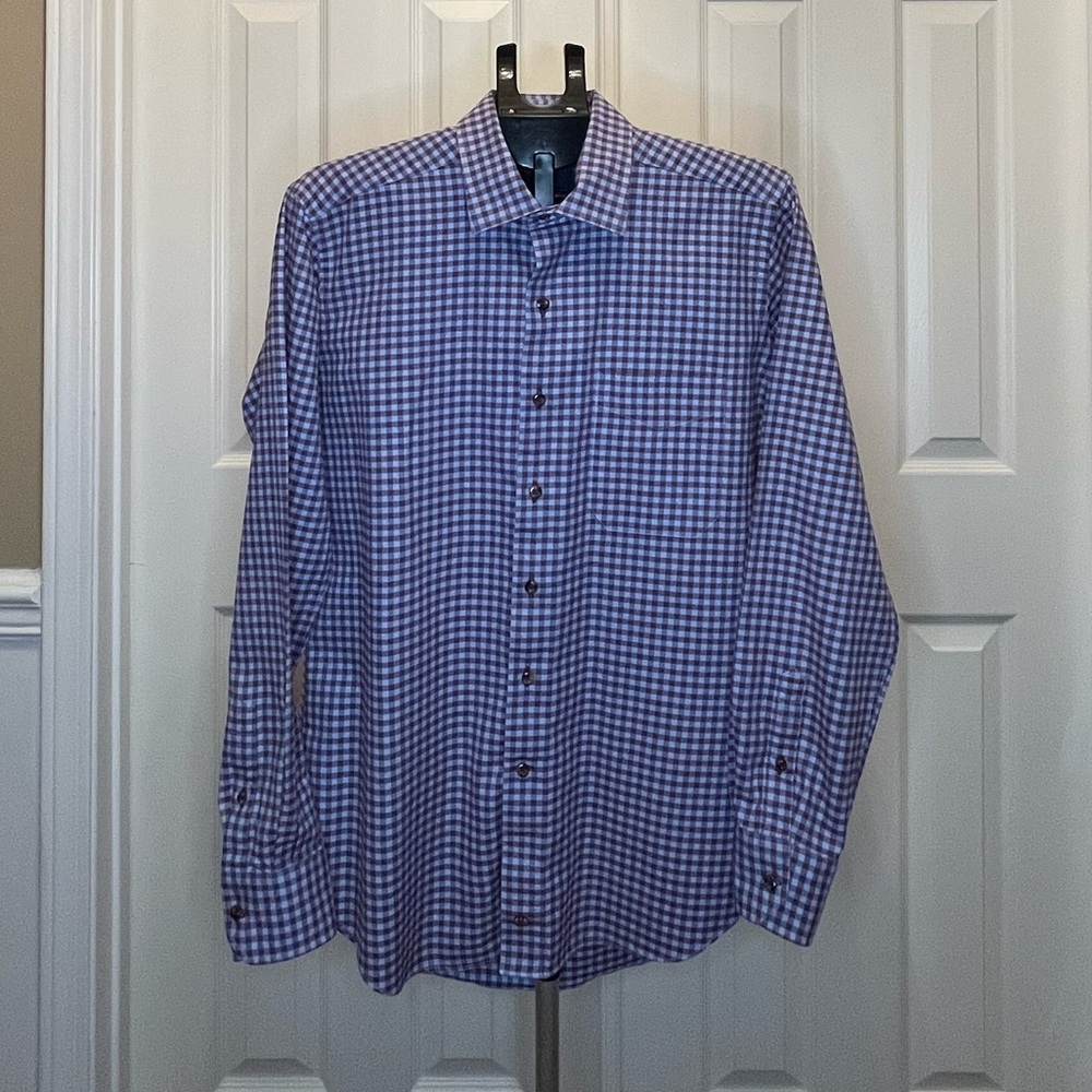 David Donahue Button-down Blue Checkered Men's Shirt, L  (PE1)